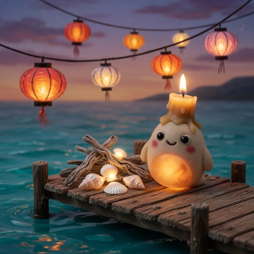 A candle spirit beside glowing shells and driftwood on a pier