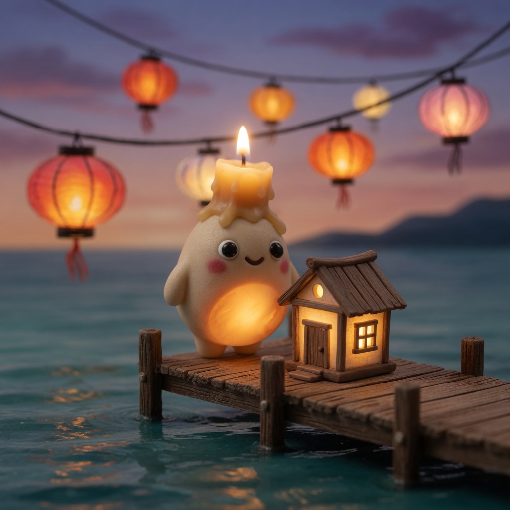 A candle spirit setting a tiny lit cottage on the pier