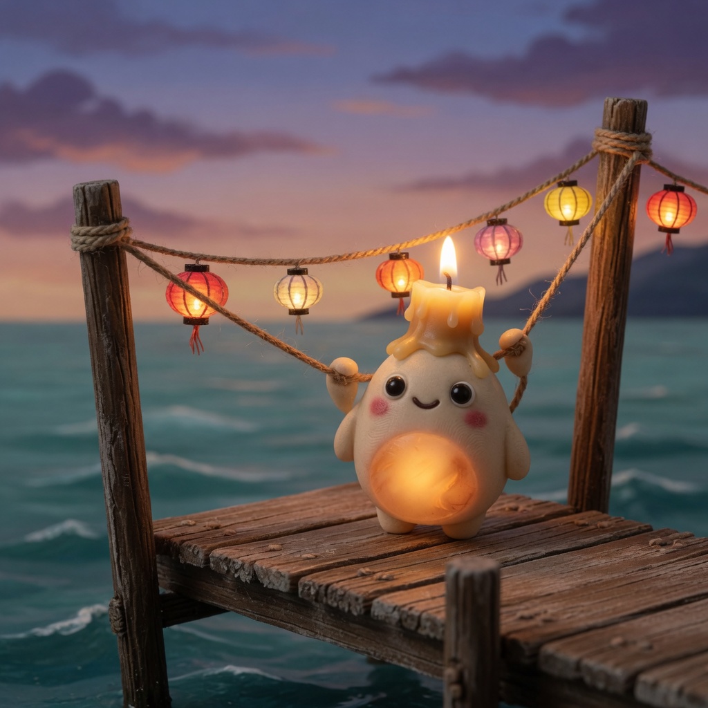 A candle spirit holding a rope of paper lanterns