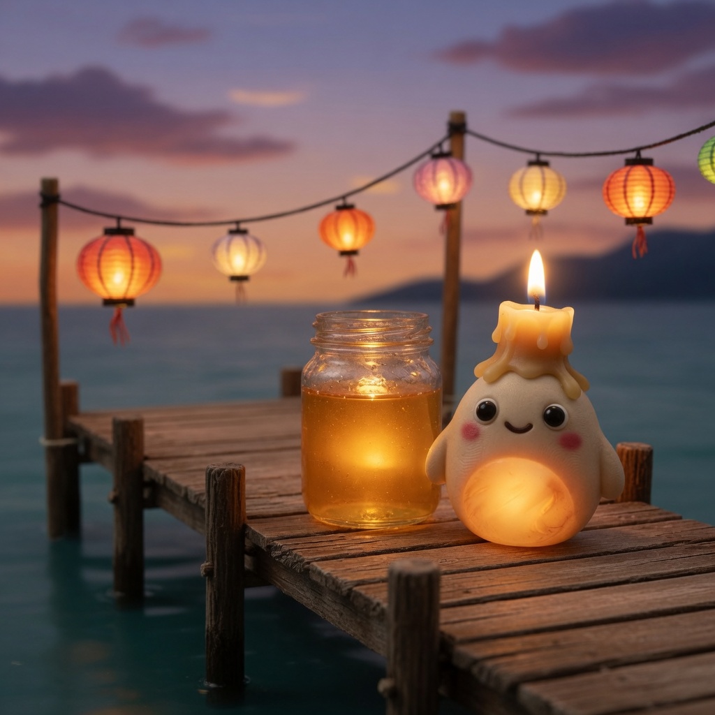 A candle spirit next to a jar of honey-colored light